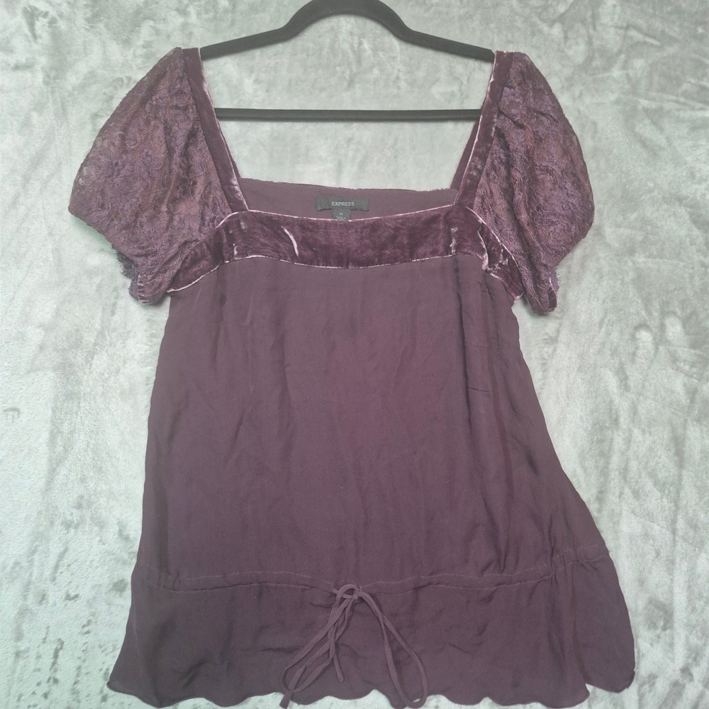 Express Women Plum Purple 100% Silk Lace Velvet Trim Square Neck Blouse Medium
